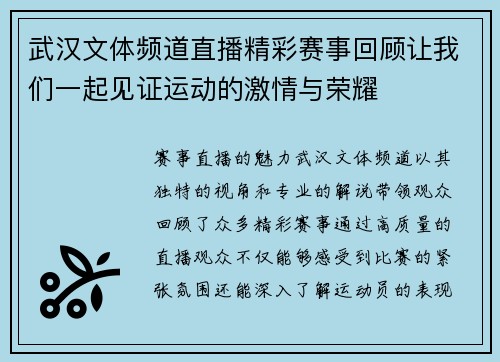 武汉文体频道直播精彩赛事回顾让我们一起见证运动的激情与荣耀