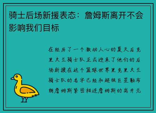 骑士后场新援表态：詹姆斯离开不会影响我们目标