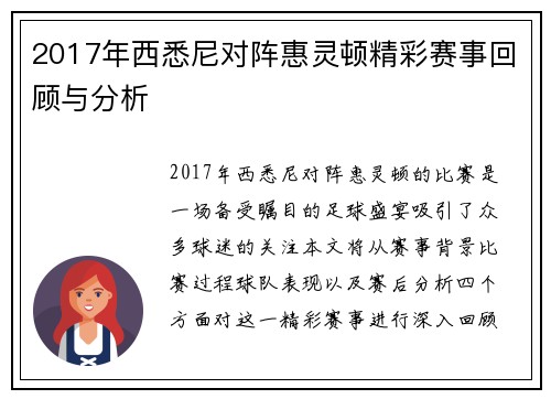 2017年西悉尼对阵惠灵顿精彩赛事回顾与分析