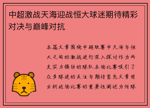 中超激战天海迎战恒大球迷期待精彩对决与巅峰对抗
